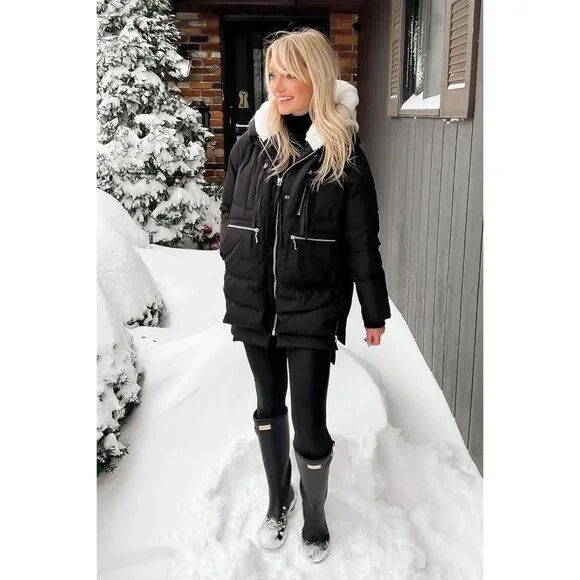 Women's Thickened Black Clothing Down Vest Jacket Warm Fleece Lined Hood Coat